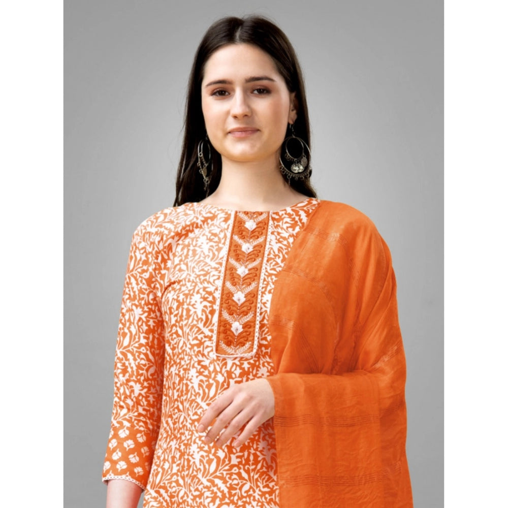 Women's Casual 3-4 th Sleeve Embroidery Rayon Kurti Pant Dupatta Set (Orange)