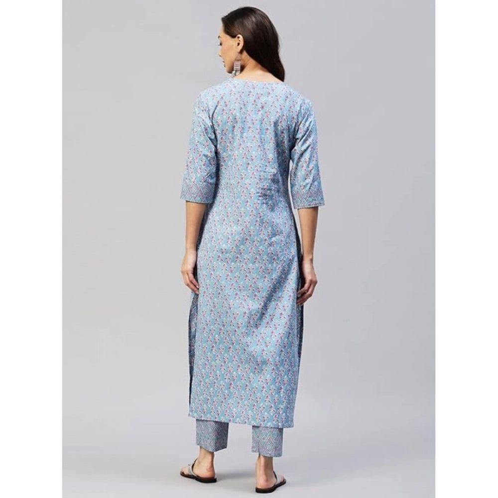 Women's Casual 3-4 th Sleeve Printed Cotton Kurti Pant Set (Pastel Blue)
