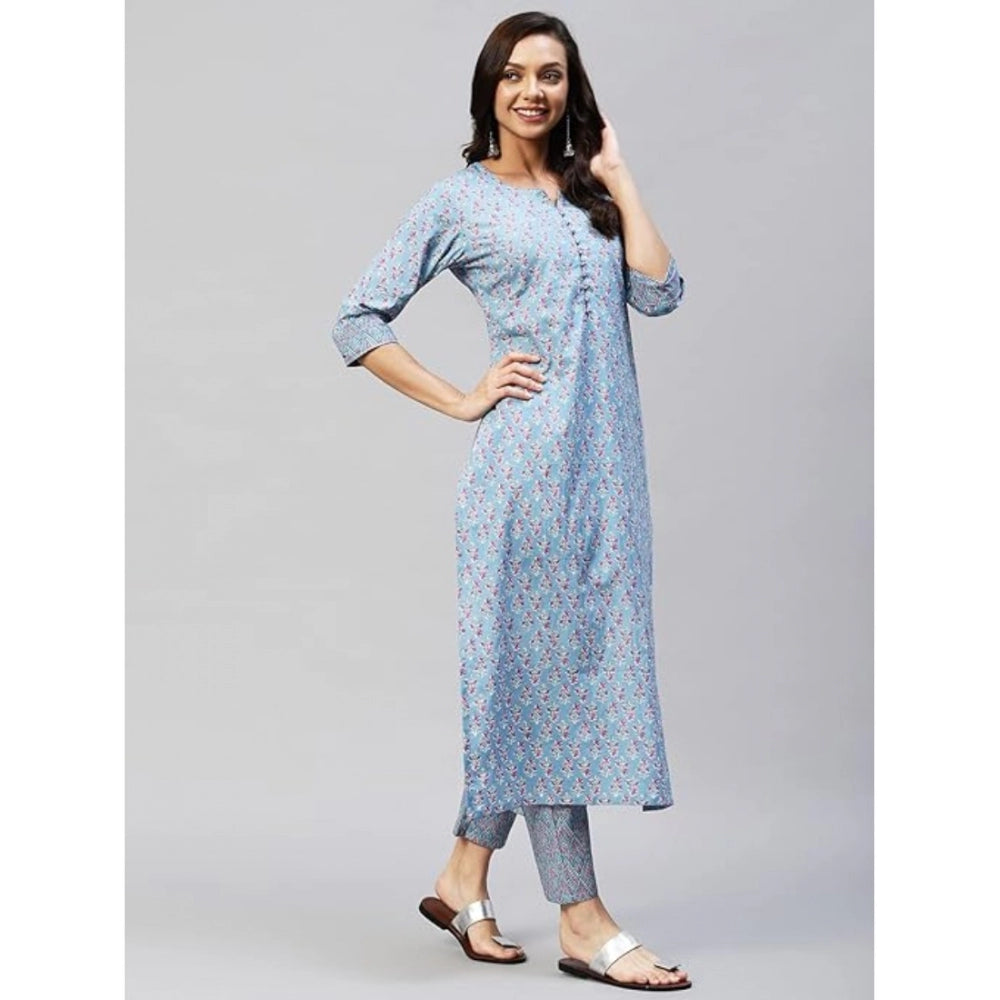 Women's Casual 3-4 th Sleeve Printed Cotton Kurti Pant Set (Pastel Blue)