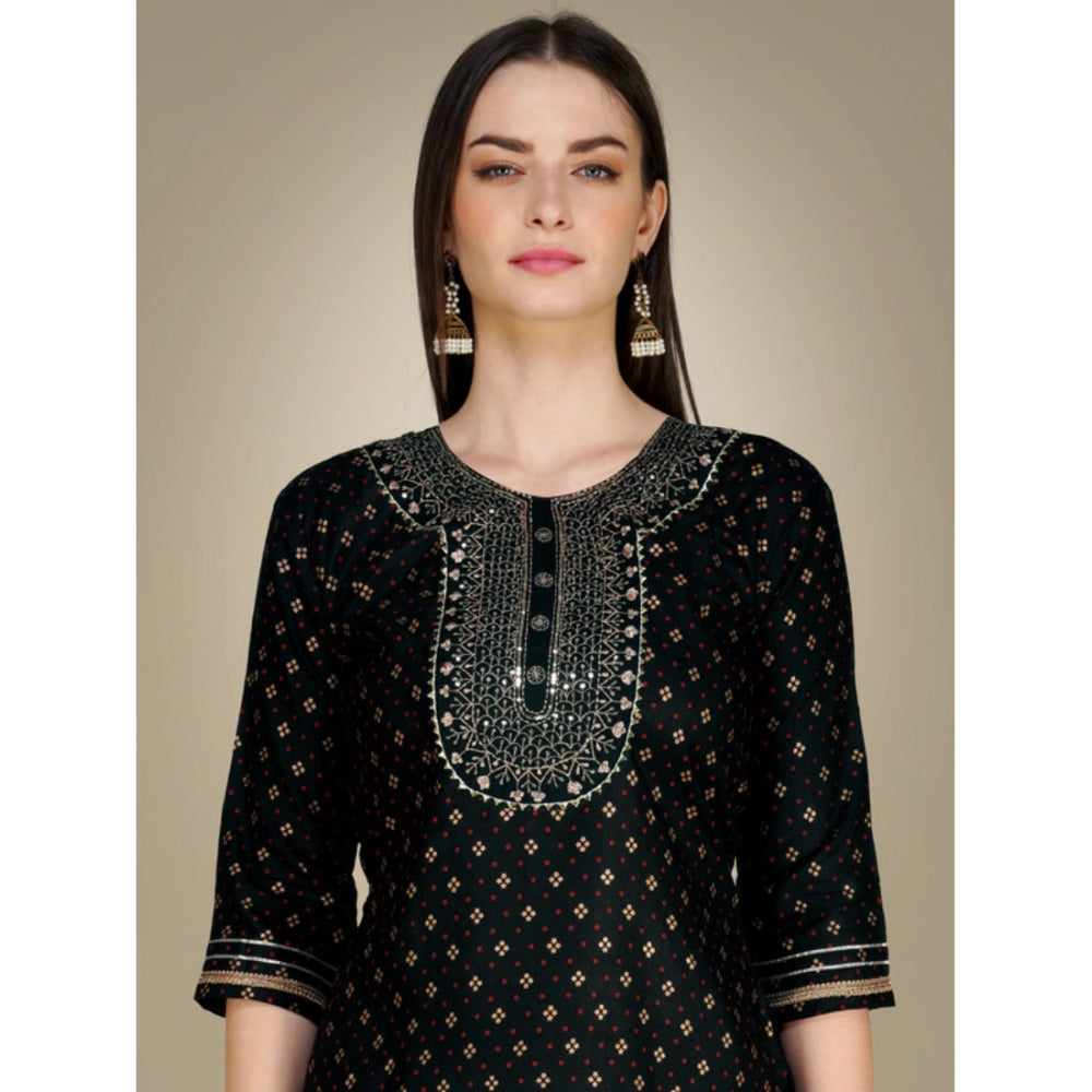 Women's Casual 3-4 th Sleeve Embroidery Cotton Kurti Pant Dupatta Set (Black)