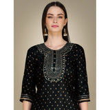 Women's Casual 3-4 th Sleeve Embroidery Cotton Kurti Pant Dupatta Set (Black)