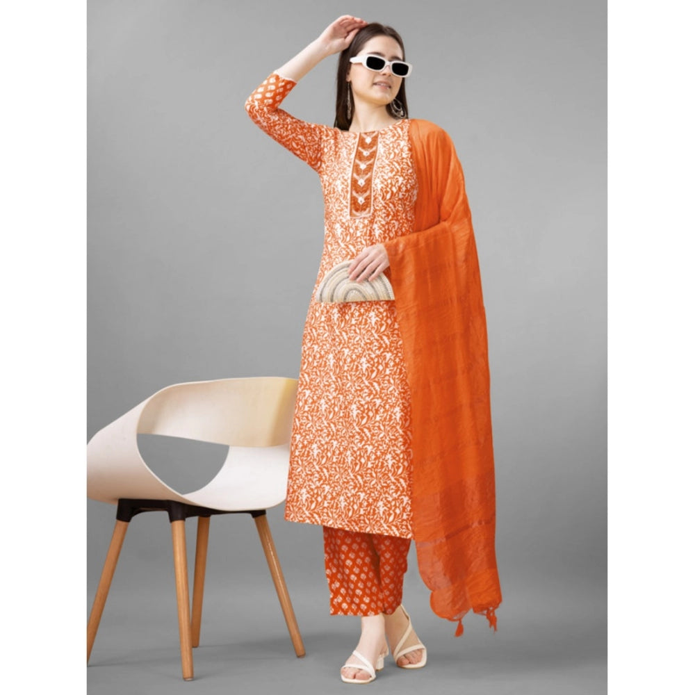 Women's Casual 3-4 th Sleeve Embroidery Rayon Kurti Pant Dupatta Set (Orange)