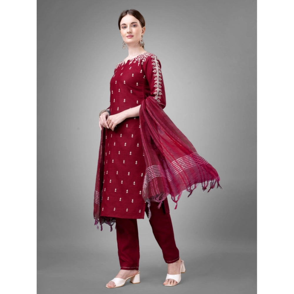 Women's Casual 3-4 th Sleeve Embroidery Cotton Kurti Pant Dupatta Set (Maroon)