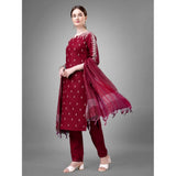 Women's Casual 3-4 th Sleeve Embroidery Cotton Kurti Pant Dupatta Set (Maroon)
