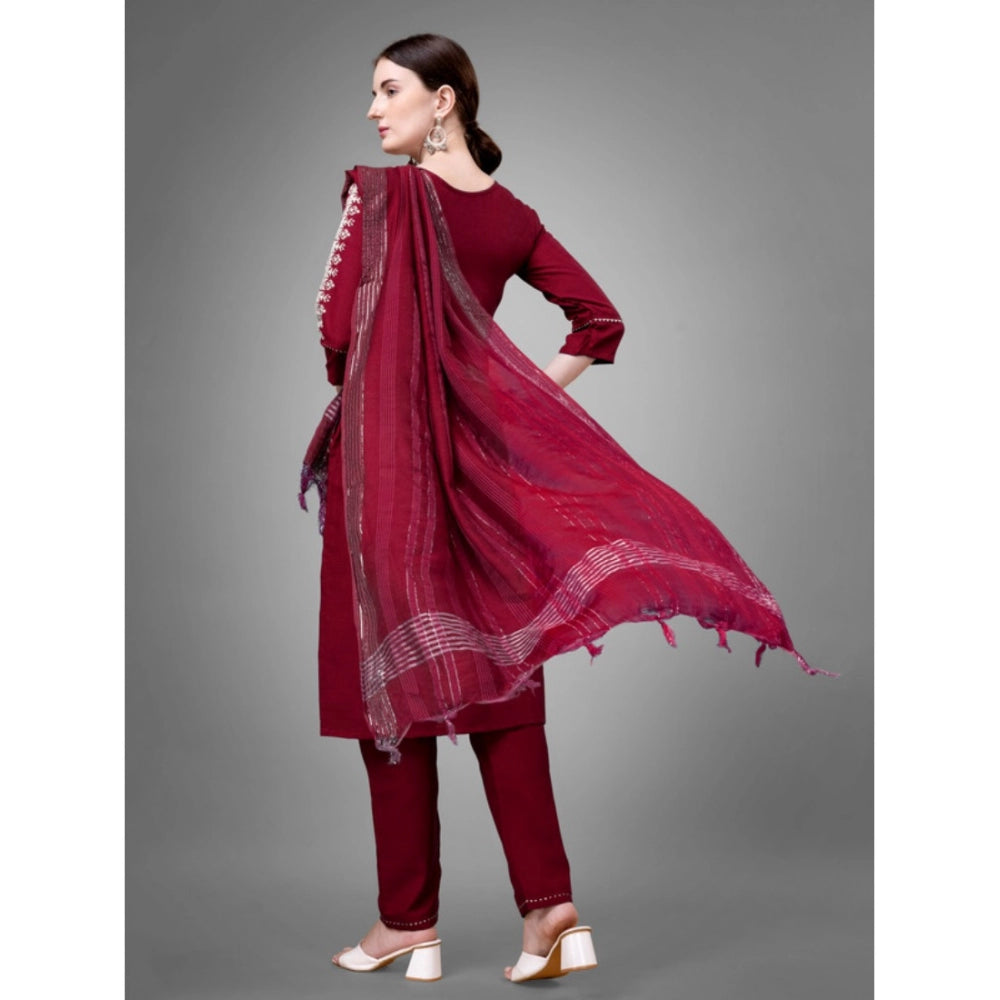 Women's Casual 3-4 th Sleeve Embroidery Cotton Kurti Pant Dupatta Set (Maroon)