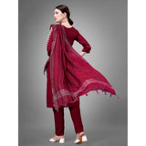 Women's Casual 3-4 th Sleeve Embroidery Cotton Kurti Pant Dupatta Set (Maroon)