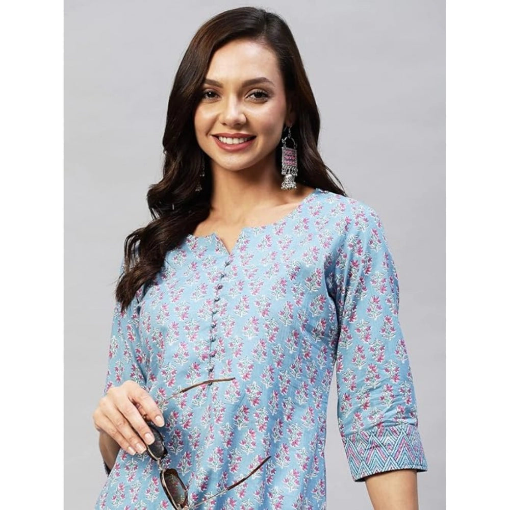 Women's Casual 3-4 th Sleeve Printed Cotton Kurti Pant Set (Pastel Blue)