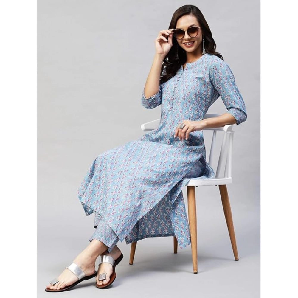 Women's Casual 3-4 th Sleeve Printed Cotton Kurti Pant Set (Pastel Blue)