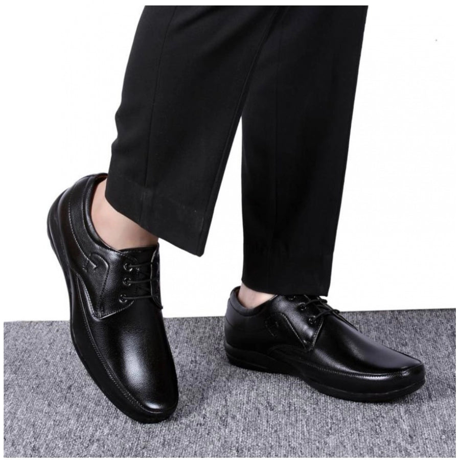 Black synthetic leather formal shoes for men, solid pattern with lace-up closure, suitable for formal occasions