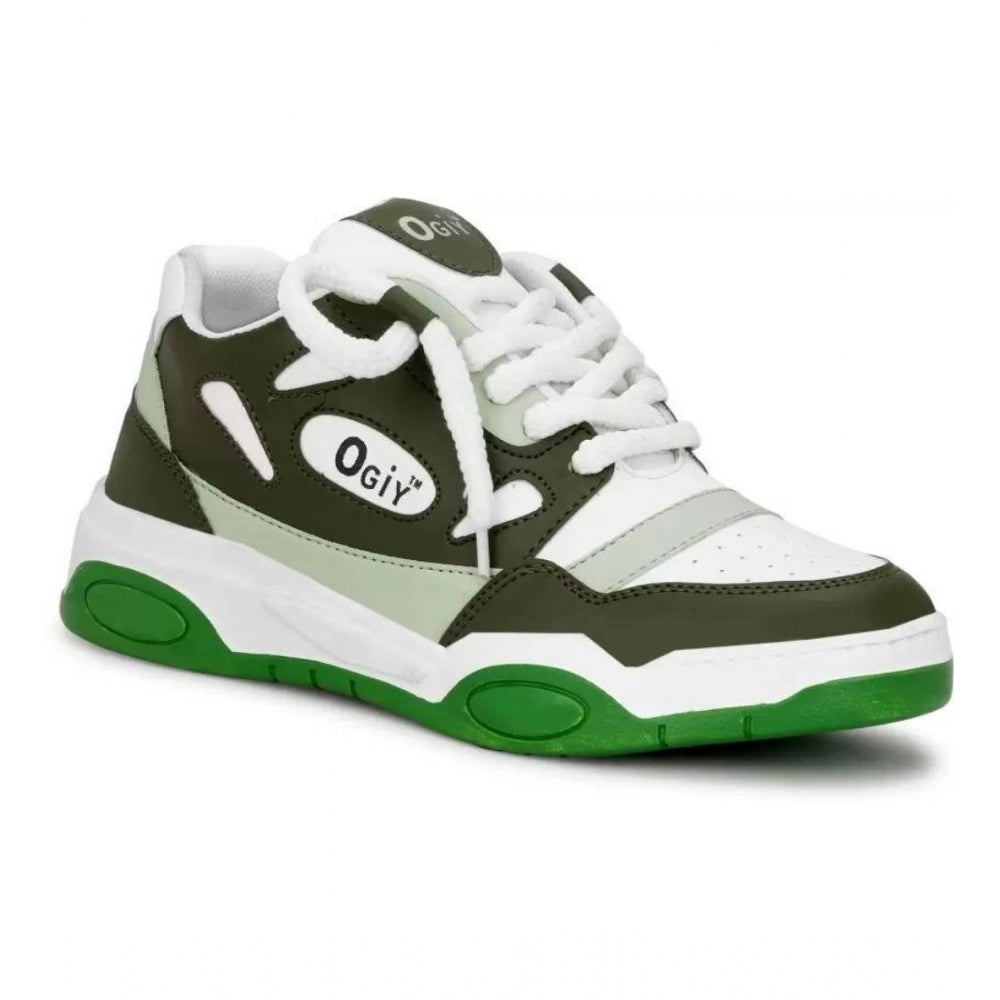Green synthetic men's casual shoes with lace-up closure on a textured surface