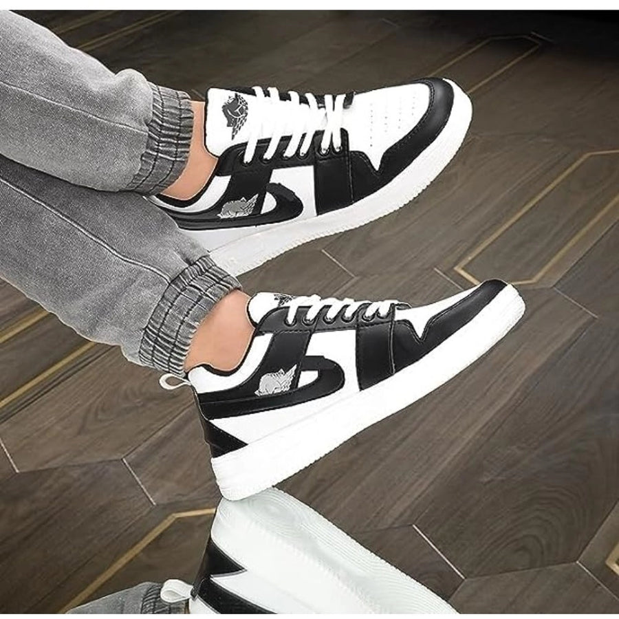 Black synthetic casual men's shoes, solid lace-up design for everyday wear