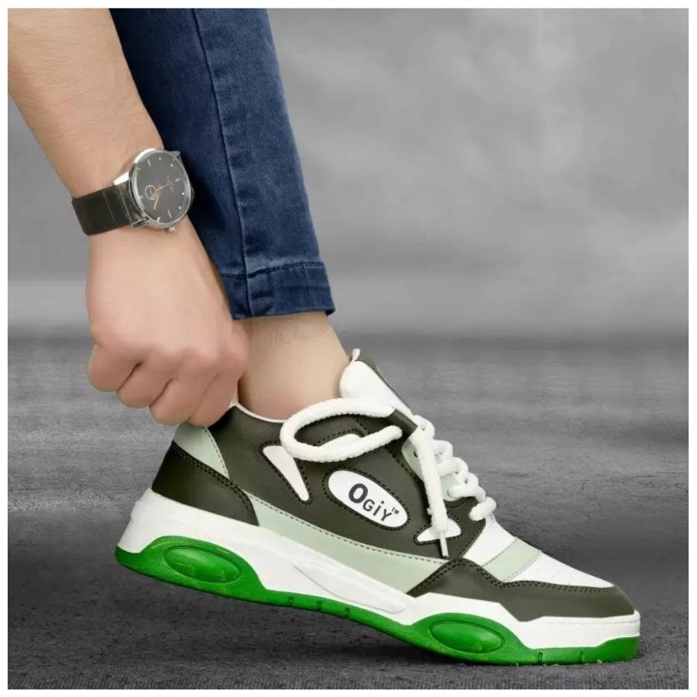 Green synthetic casual men's shoes with lace-up closure, solid design for everyday wear