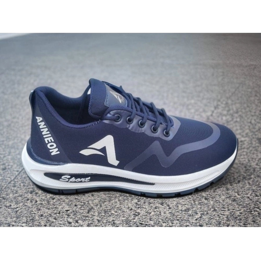 Navy blue synthetic men's casual shoes with lace-up closure, solid pattern for everyday wear