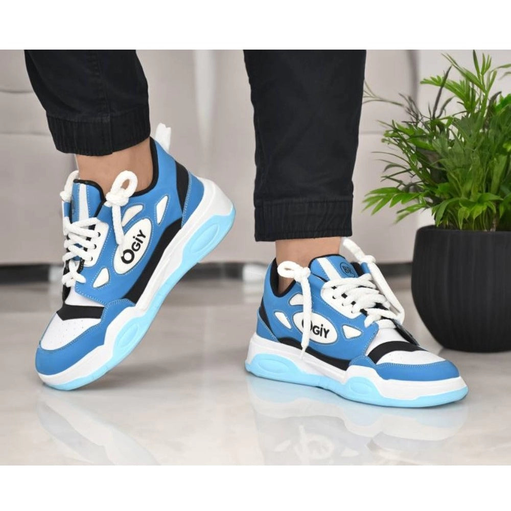 Blue synthetic casual men's shoes with lace-up closure, solid pattern for everyday wear