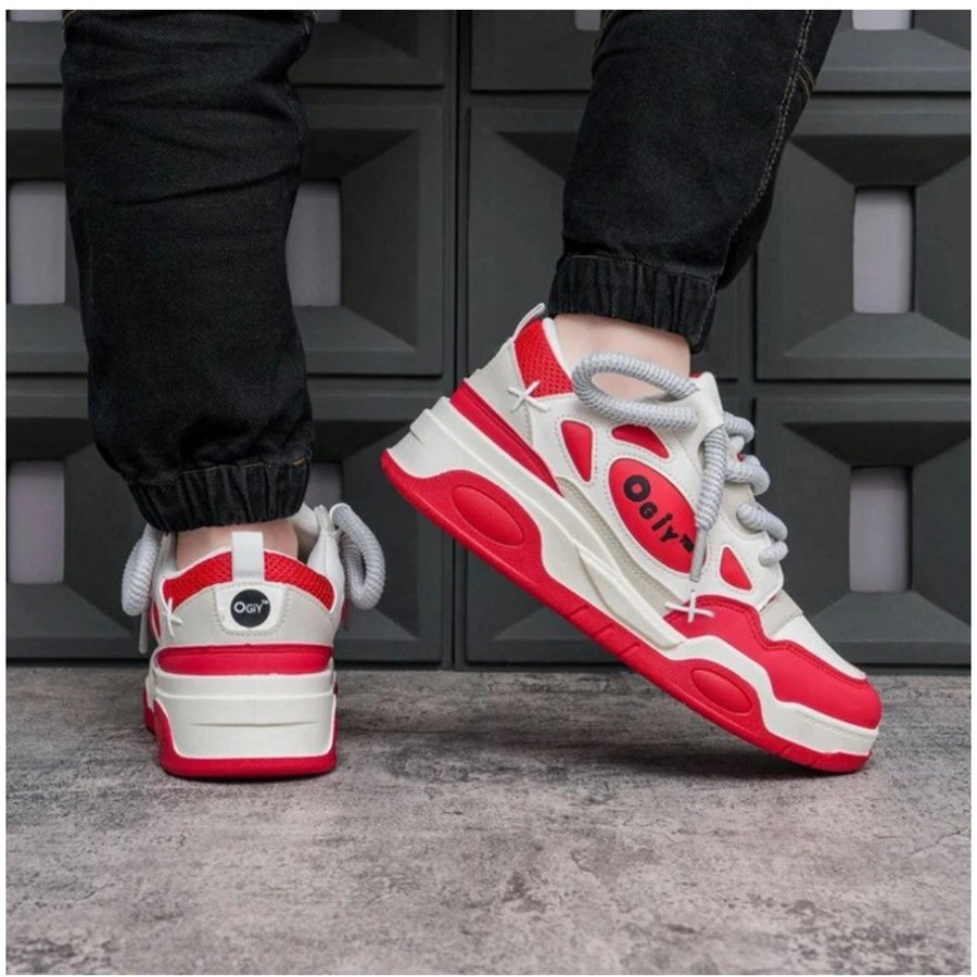 Red synthetic men's casual shoes, solid pattern with lace-up closure for everyday wear