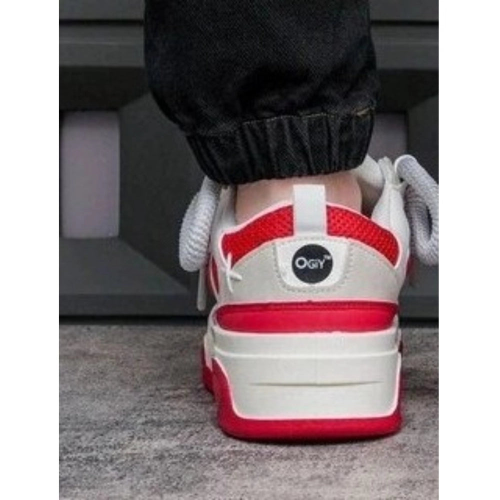 Red synthetic men's casual shoes, solid design with lace-up closure, suitable for everyday wear