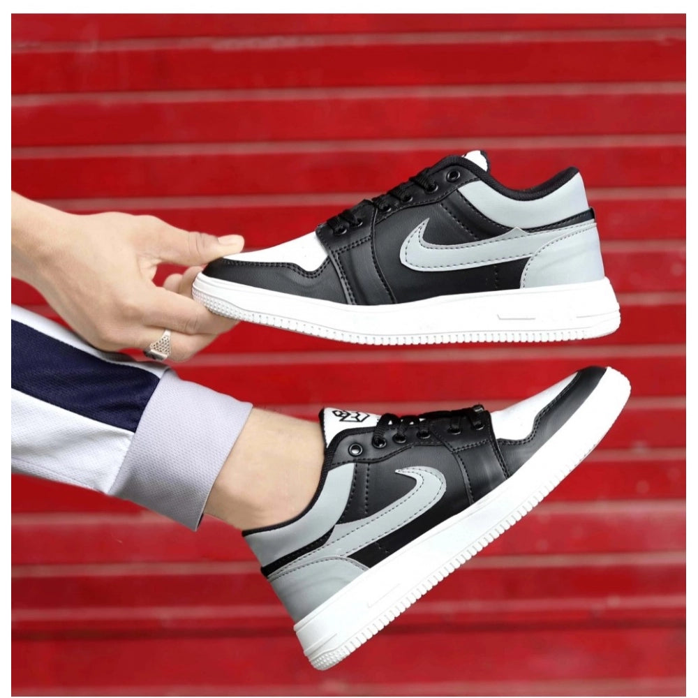 Black synthetic men's casual shoes, solid lace-up design for everyday wear