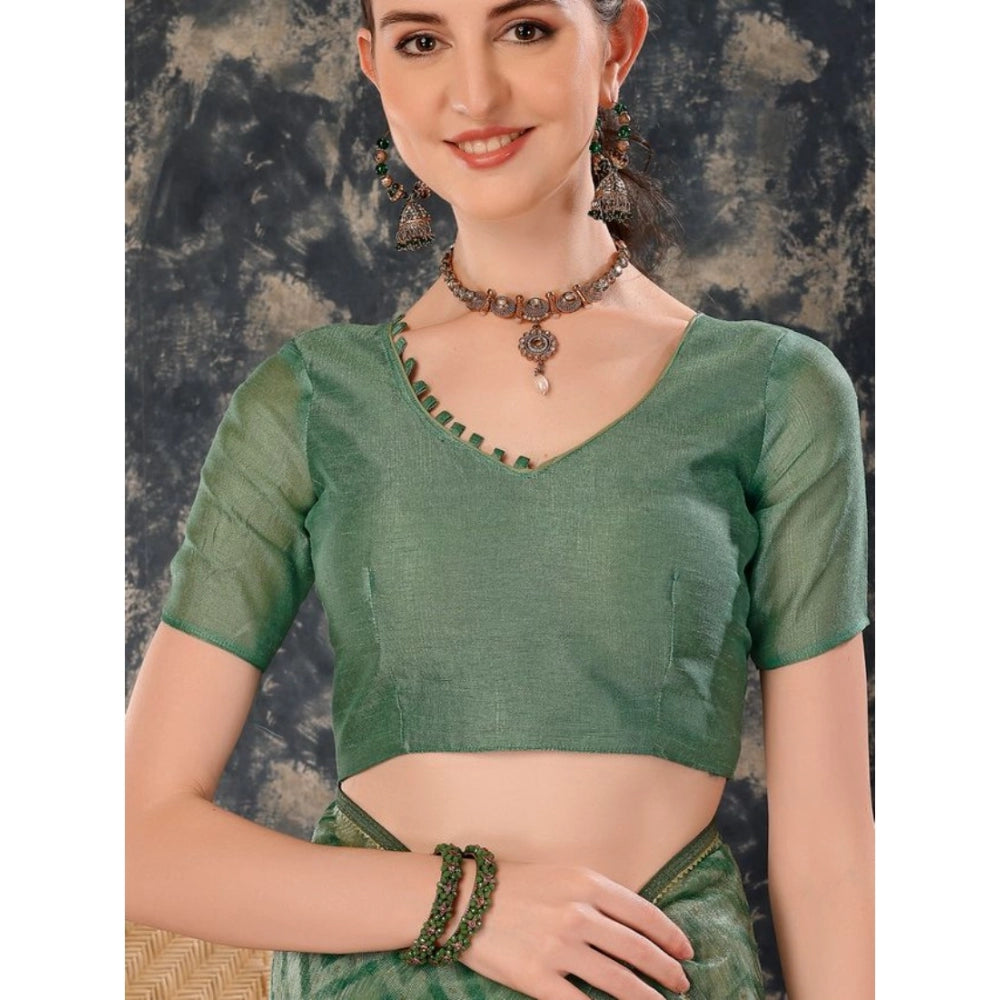 Women's Linen Zig Zag Saree With Unstitched Blouse (Green, 5-6 Mtrs) - GillKart