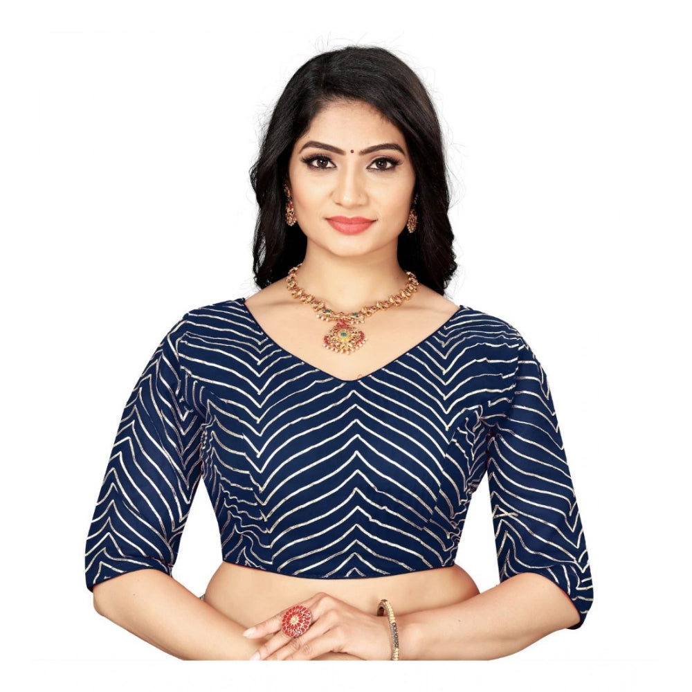 Navy Blue Georgette Embroidered Readymade Blouse - Free Size, stylish V-neck with 3/4 sleeves, women's fashion clothing on hanger