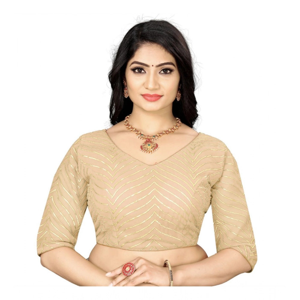 Cream Georgette embroidered blouse for women, free size, V-neck, 3/4 sleeves