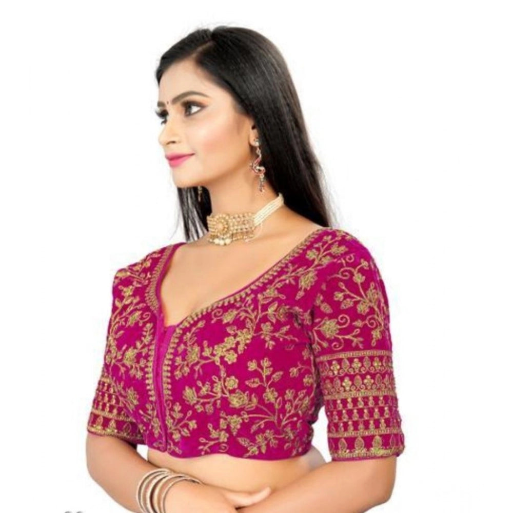 Pink velvet embroidered blouse (free size), ready-made half sleeve sweetheart neck style with intricate patterns on display
