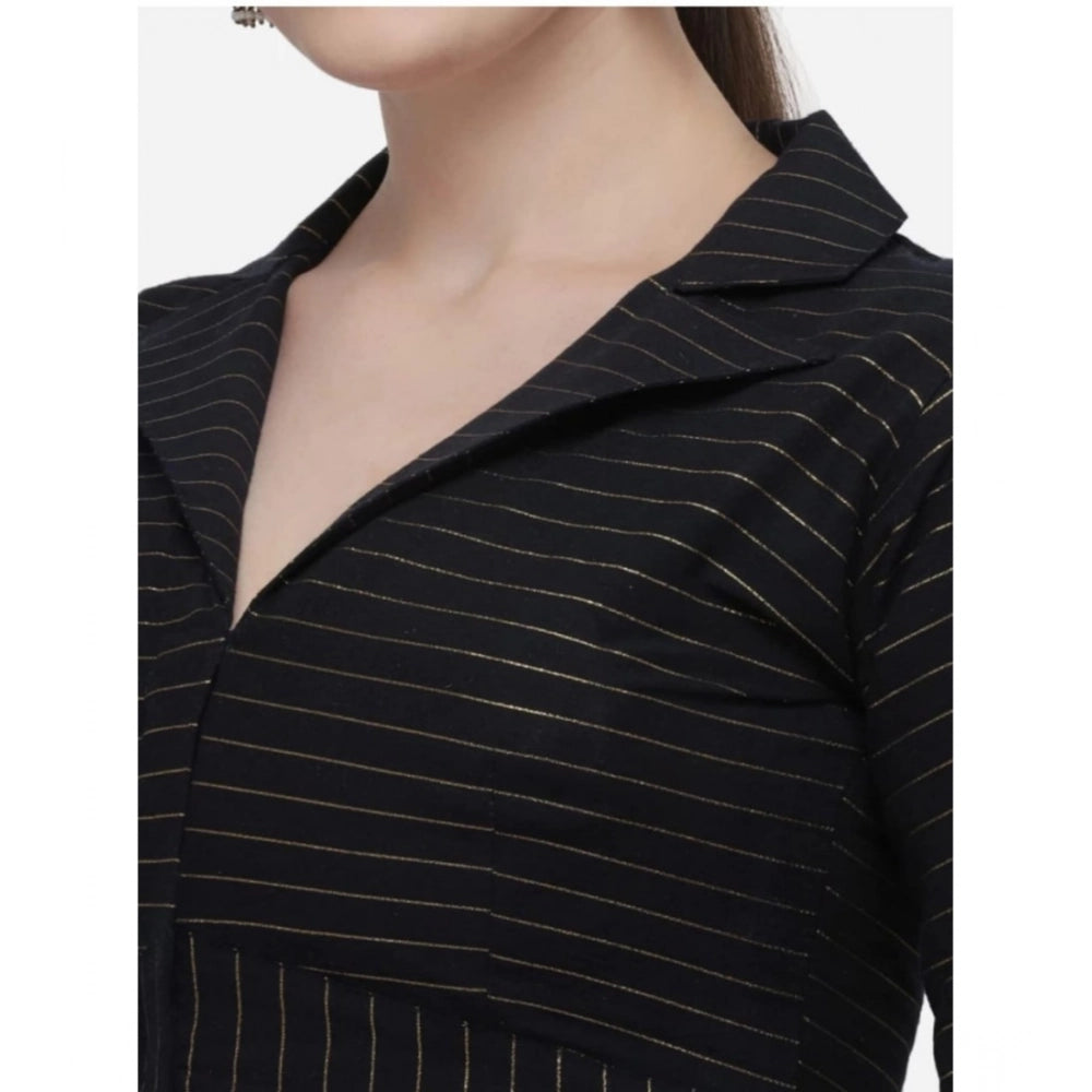 Black cotton striped ready-made blouse, free size women's shirt collar, 3-4th sleeve length