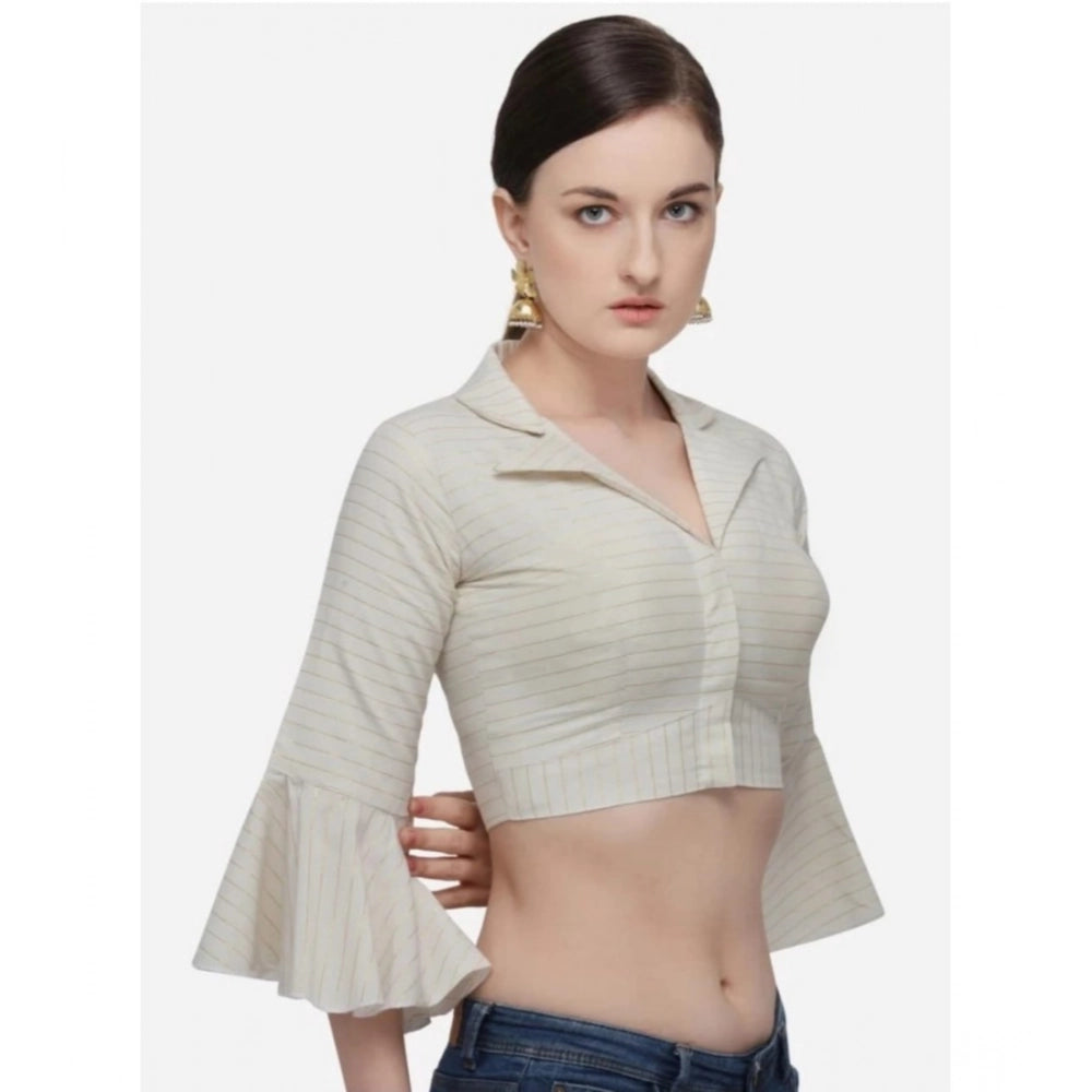 Beige free size striped cotton blouse for women - ready-to-wear 3/4 sleeve shirt collar