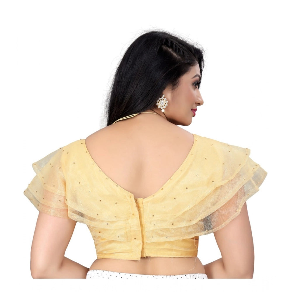 Beige nylon diamond work sleeveless v-neck blouse for women's casual wear, free size