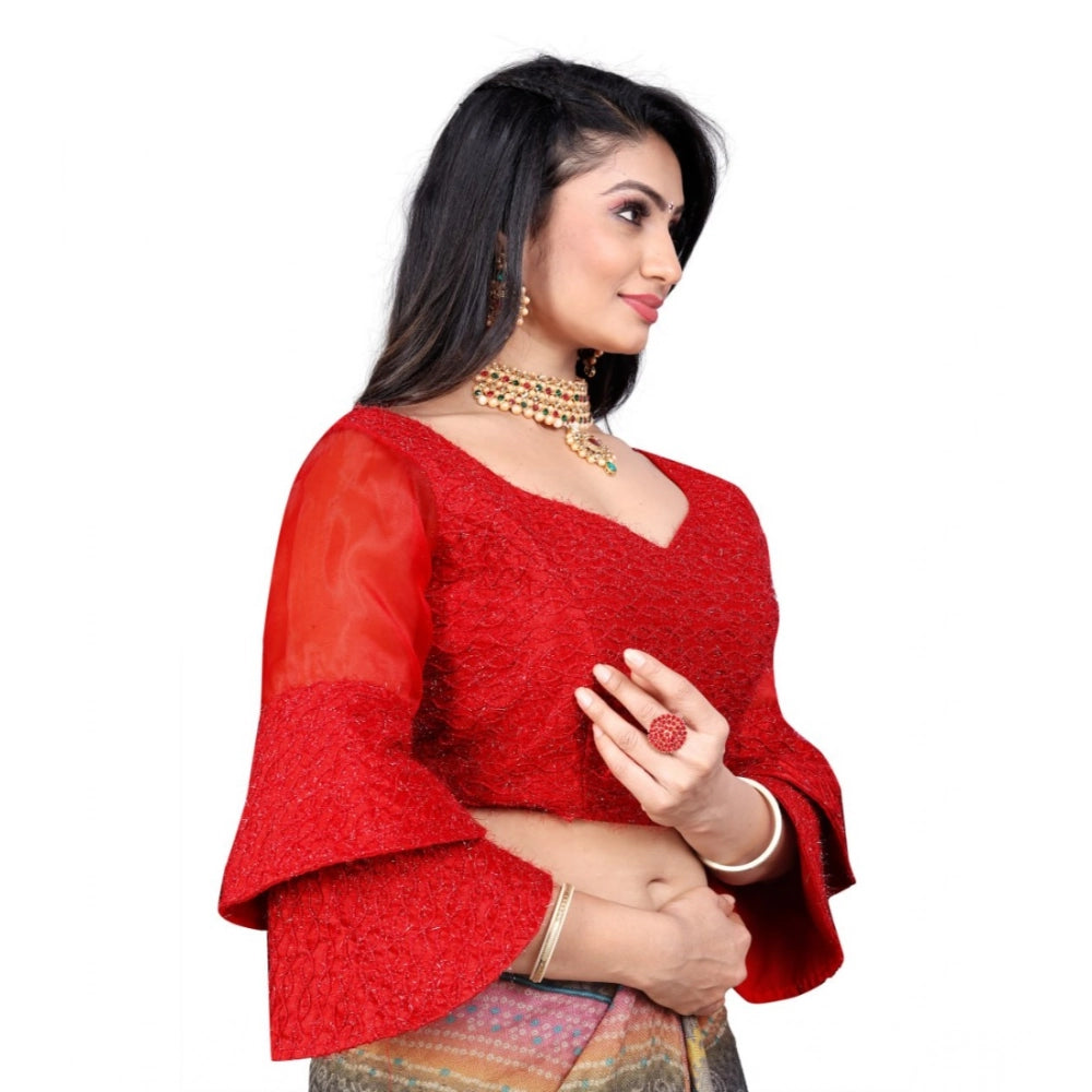 Red organza embroidered blouse (free size), women's ready-made fashion with sweetheart neck and 3/4 sleeves, embellished design on display