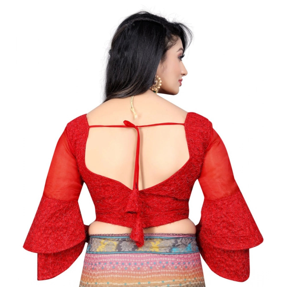 Red organza embroidered blouse, free size, 3/4 sleeves, sweetheart neck