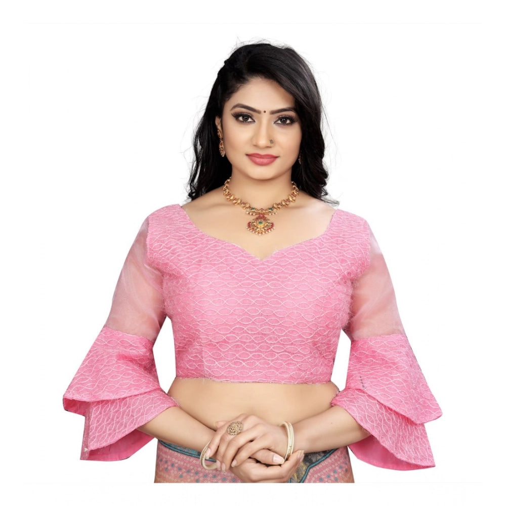 Pink organza embroidered blouse, free size, 3/4 sleeve, sweetheart neck
