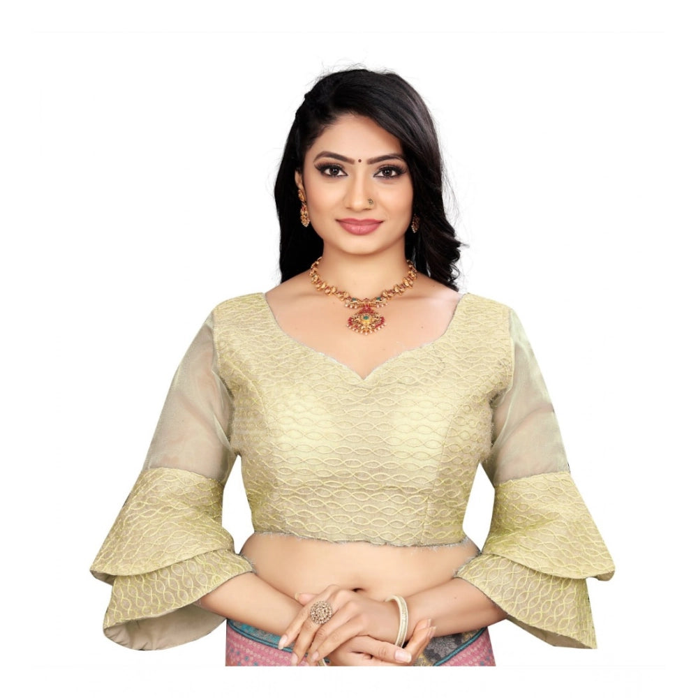 Organza embroidery blouse (cream, free size) - elegant women's readymade top with sweetheart neck and 3-4th sleeve