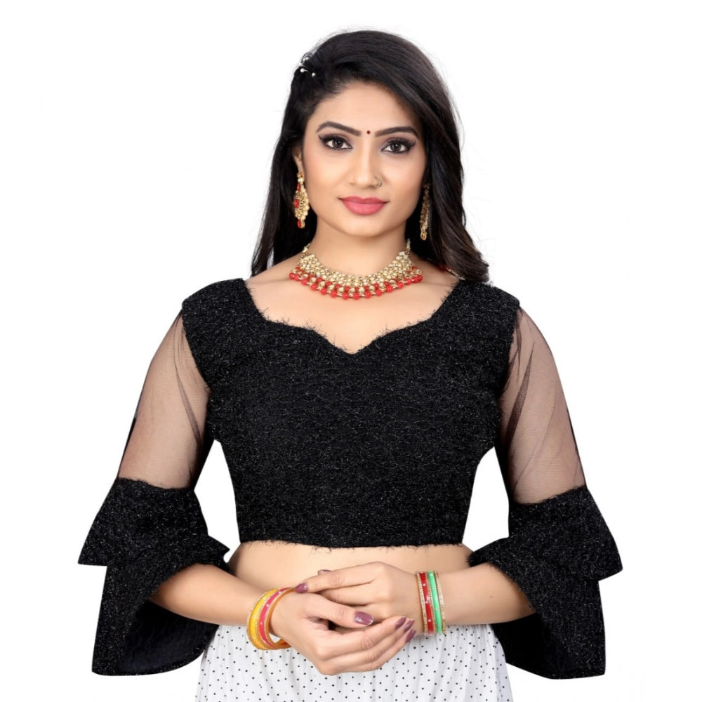 Black organza embroidery blouse, free size stitched blouse with sweetheart neck and 3-4th sleeves on display stand