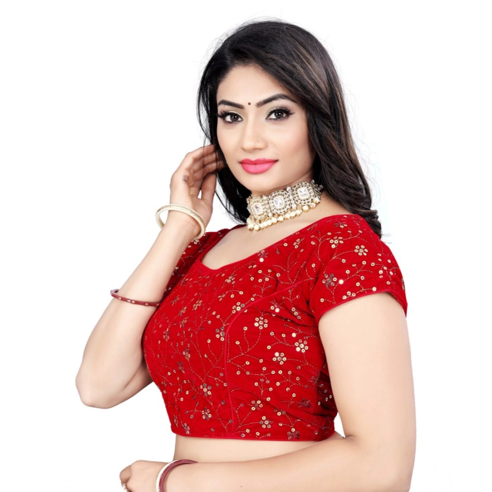 Red velvet sequin readymade blouse (free size), close-up of short-sleeve round neck stitched blouse with sequins pattern