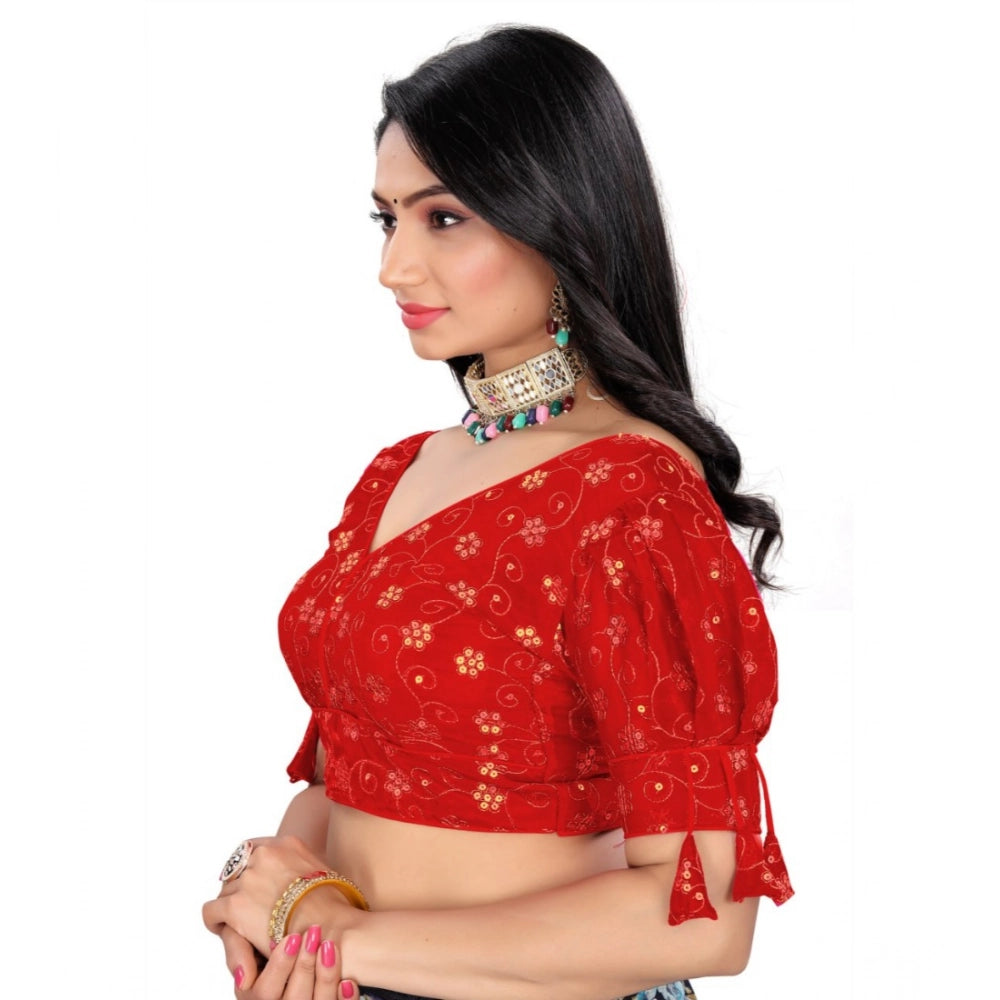 Red embroidered Jimmy Choo blouse (free size), half sleeve V-neck style for women's fashion