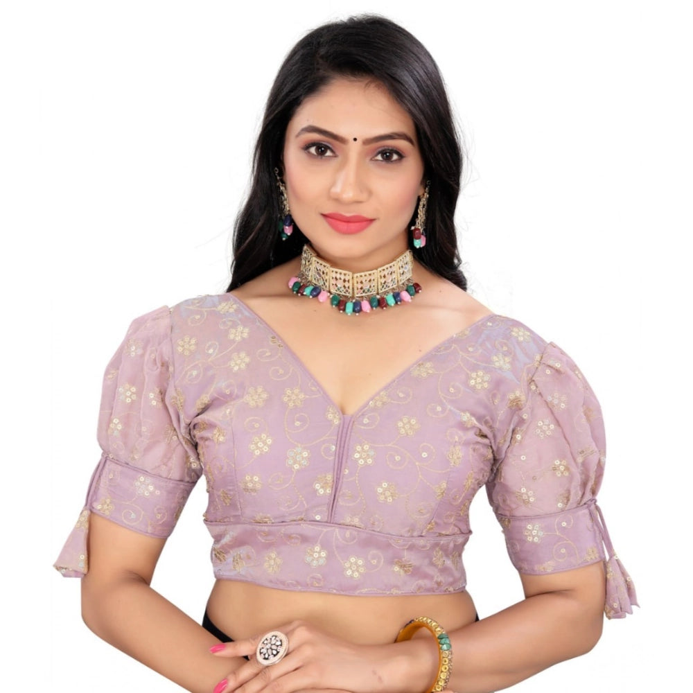 Lavender free size Jimmy Choo embroidery blouse with v-neck & half sleeves