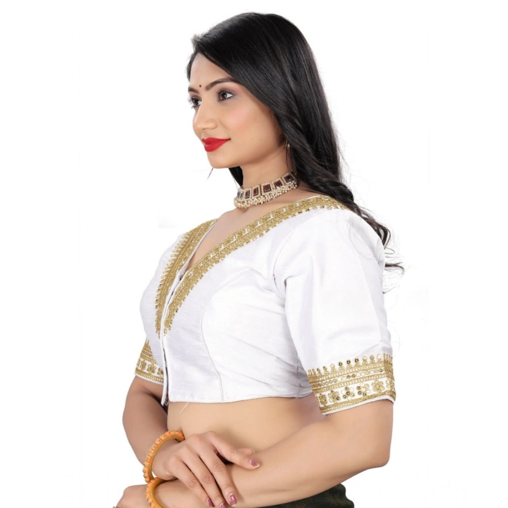 White Banglory embroidered blouse (free size), half sleeve, v-neck design, ready-made blouse on hanger