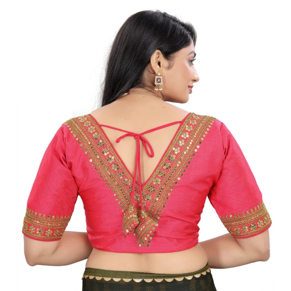 Pink Banglory embroidered blouse (free size), vibrant V-neck, half sleeve ready-made traditional women's clothing
