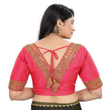 Pink Banglory embroidered blouse (free size), vibrant V-neck, half sleeve ready-made traditional women's clothing