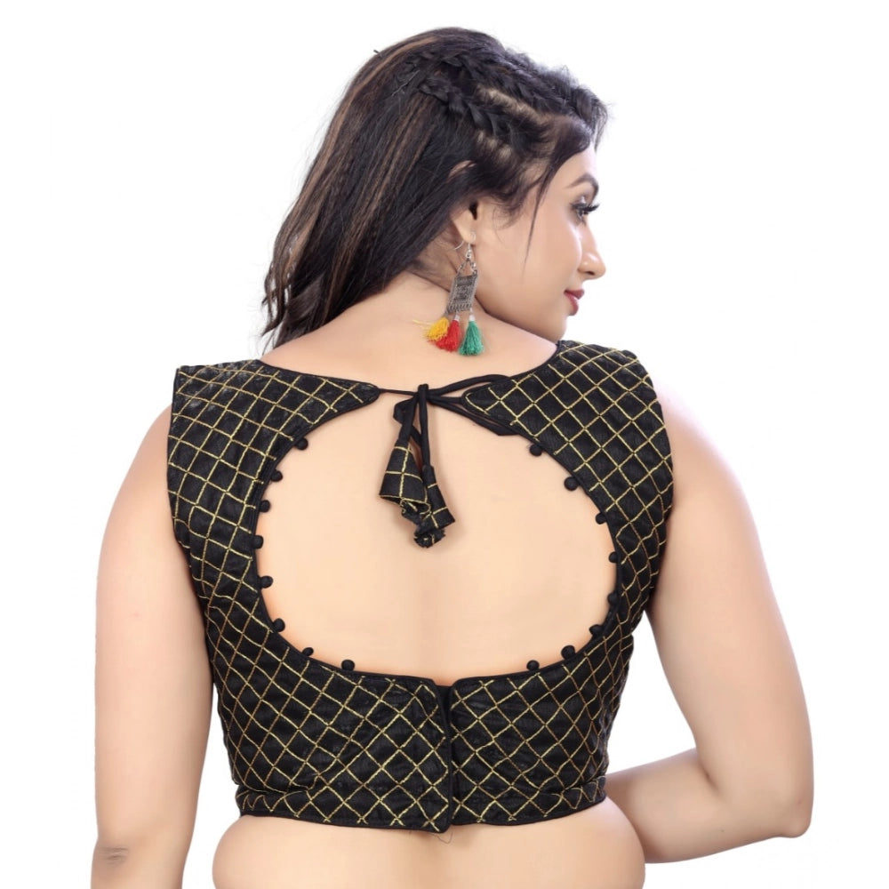 Black satin embroidered blouse, sleeveless, round neck, free size