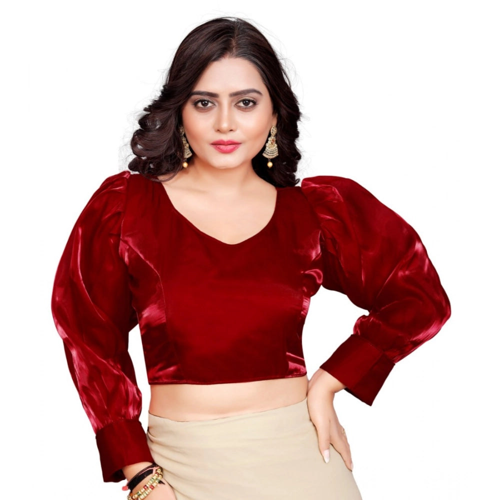 Maroon organza long sleeve v-neck blouse for women, free size, plain pattern on display