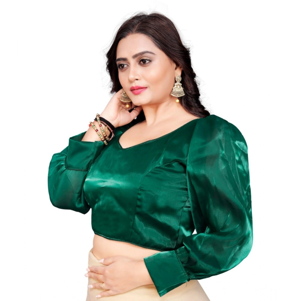 Green organza long sleeve v-neck blouse for women, free size, plain pattern