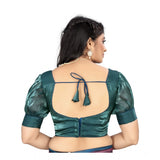 Marine Teal Organza Readymade Blouse (Free Size, Half Sleeve, V-Neck) - women's plain organza blouse for casual wear