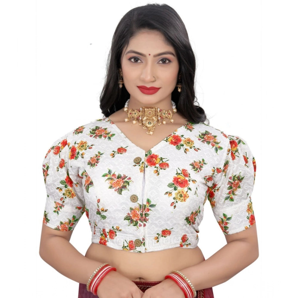 Orange cotton blend floral readymade blouse for women, short sleeves and v-neck style