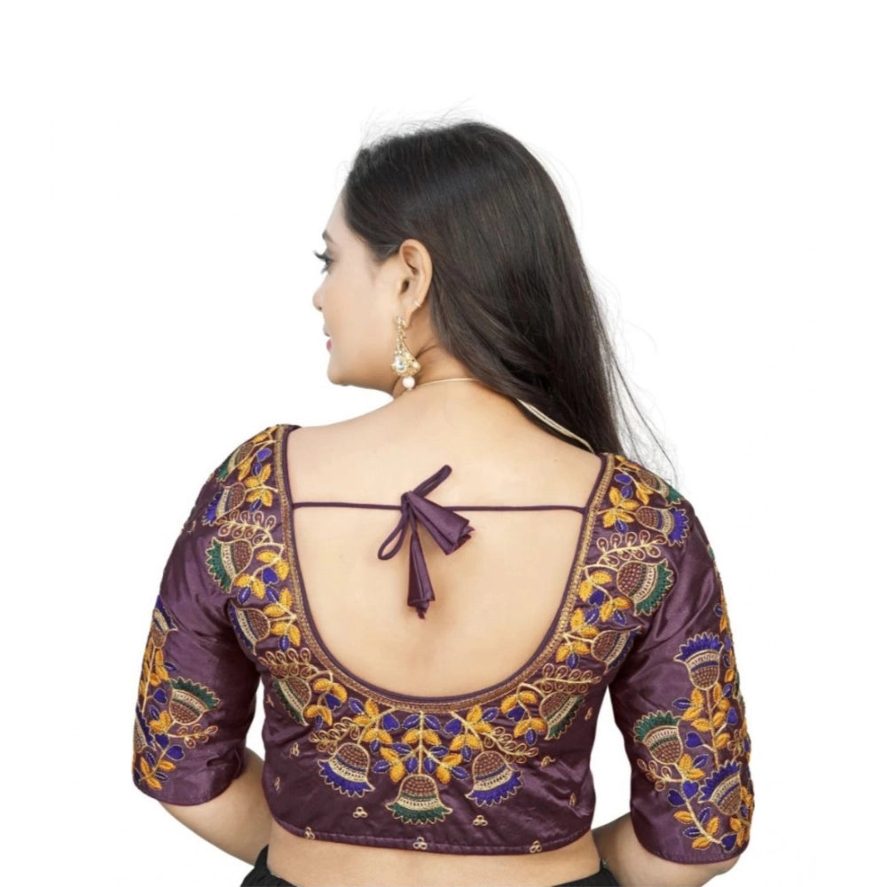 Purple Malai Silk floral blouse, half sleeve, round neck design for women's free size wardrobe