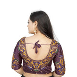Purple Malai Silk floral blouse, half sleeve, round neck design for women's free size wardrobe