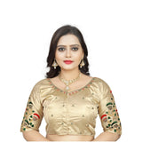 Malai silk cream floral blouse, free size stitched half sleeve round neck