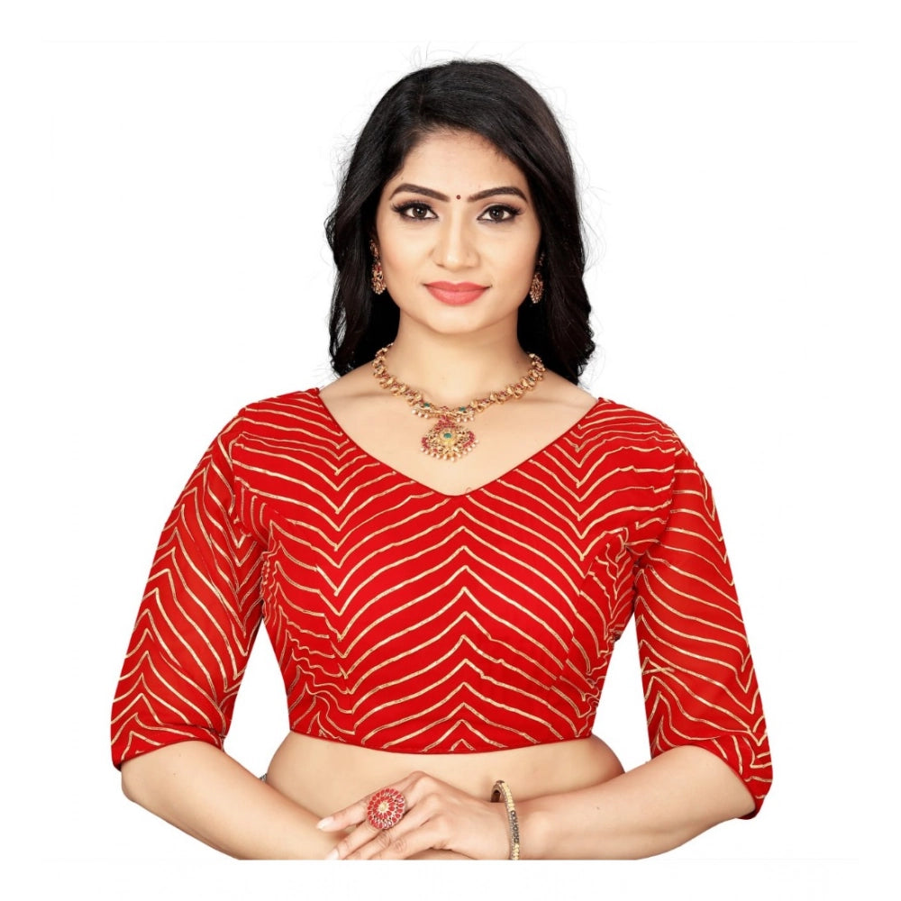 Red georgette embroidered blouse (free size), V-neck with 3/4 sleeves on hanger