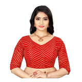 Red Georgette embroidered blouse (free size), women's ready-made garment with v-neck and 3/4 sleeves on hanger