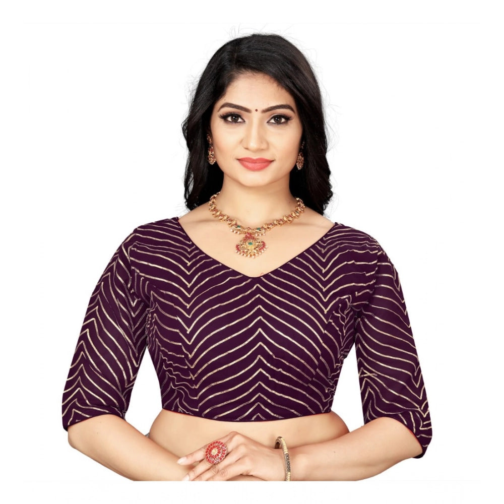 Purple Georgette embroidered blouse for women, free size with v-neck and 3/4 sleeves